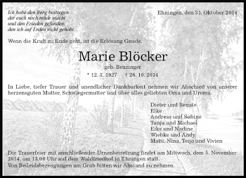 Traueranzeige von Marie Blöcker von Kreiszeitung Böblinger Bote
