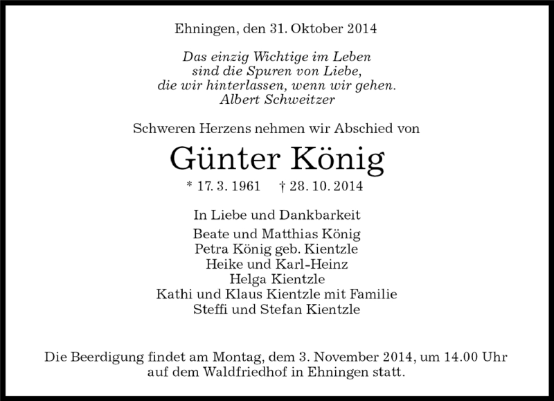  Traueranzeige für Gunter König vom 31.10.2014 aus Kreiszeitung Böblinger Bote