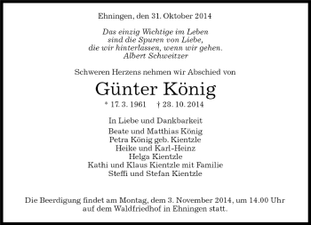Traueranzeige von Gunter König von Kreiszeitung Böblinger Bote