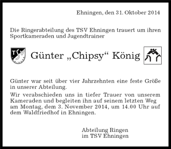 Traueranzeige von Günter König von Kreiszeitung Böblinger Bote