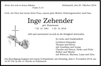 Traueranzeige von Inge Zehender von Kreiszeitung Böblinger Bote