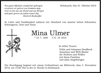 Traueranzeige von Mina Ulmer von Kreiszeitung Böblinger Bote