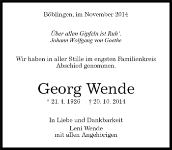 Traueranzeige von Georg Wende von Kreiszeitung Böblinger Bote