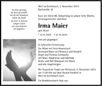 Traueranzeige von Irma Maier von Kreiszeitung Böblinger Bote