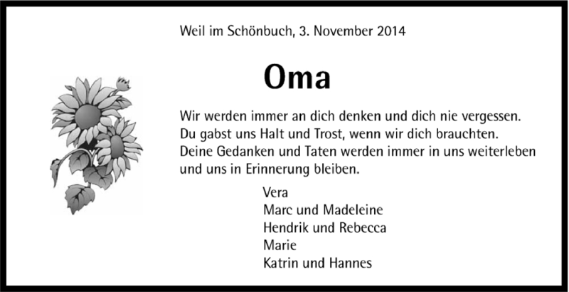  Traueranzeige für Oma  vom 03.11.2014 aus Kreiszeitung Böblinger Bote