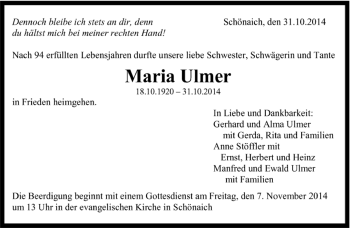 Traueranzeige von Maria Ulmer von Kreiszeitung Böblinger Bote