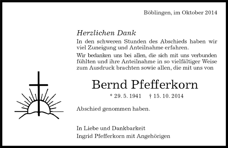  Traueranzeige für Bernd Pfefferkorn vom 04.11.2014 aus Kreiszeitung Böblinger Bote