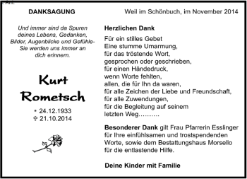 Traueranzeige von Kurt Rometsch von Kreiszeitung Böblinger Bote