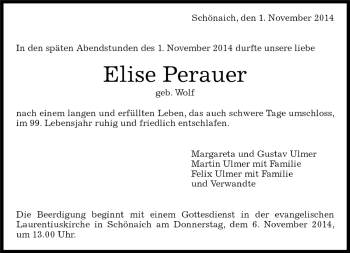 Traueranzeige von Elise Perauer von Kreiszeitung Böblinger Bote
