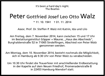 Traueranzeige von Peter Gottfried Josef Leo Otto Walz von Kreiszeitung Böblinger Bote