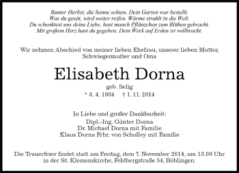 Traueranzeige von Elisabeth Dorna von Kreiszeitung Böblinger Bote