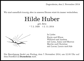 Traueranzeige von Hilde Huber von Kreiszeitung Böblinger Bote