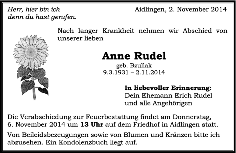  Traueranzeige für Anne Rudel vom 04.11.2014 aus Kreiszeitung Böblinger Bote