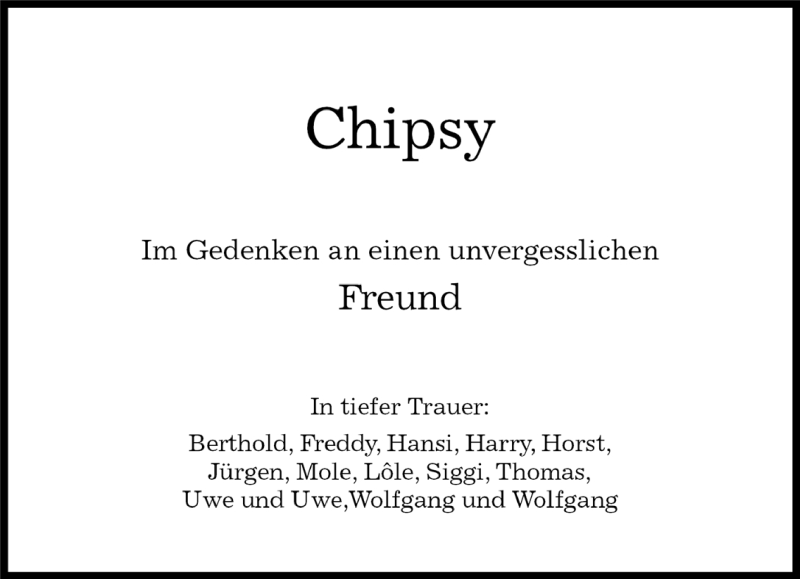  Traueranzeige für Chipsy  vom 06.11.2014 aus Kreiszeitung Böblinger Bote