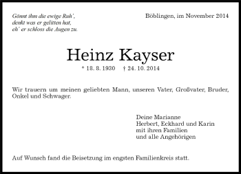 Traueranzeige von Heinz Kayser von Kreiszeitung Böblinger Bote