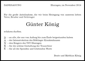 Traueranzeige von Günter König von Kreiszeitung Böblinger Bote