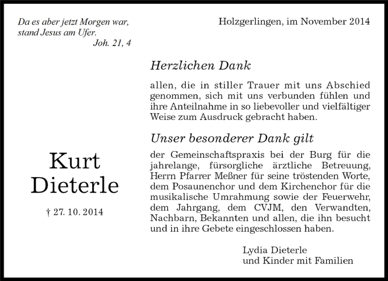  Traueranzeige für Kurt Dieterle vom 14.11.2014 aus Kreiszeitung Böblinger Bote
