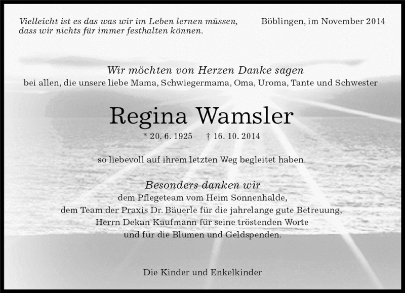  Traueranzeige für Regina Wamsler vom 06.11.2014 aus Kreiszeitung Böblinger Bote