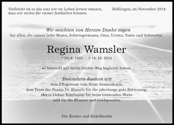 Traueranzeige von Regina Wamsler von Kreiszeitung Böblinger Bote