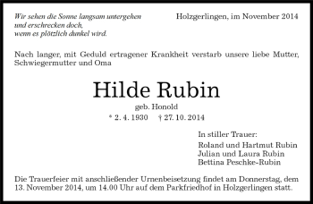 Traueranzeige von Hilde Rubin von Kreiszeitung Böblinger Bote