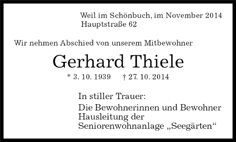  Traueranzeige für Gerhard Thiele vom 06.11.2014 aus Kreiszeitung Böblinger Bote