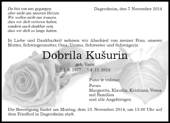 Traueranzeige von Dobrila Kusurin von Kreiszeitung Böblinger Bote