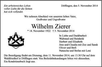 Traueranzeige von Wilhelm Zierer von Kreiszeitung Böblinger Bote