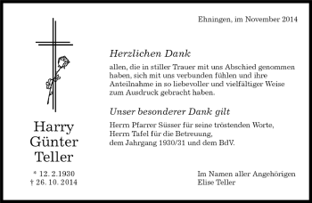 Traueranzeige von Harry Günter Teller von Kreiszeitung Böblinger Bote