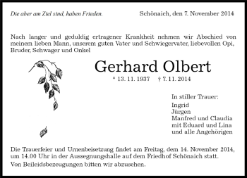 Traueranzeige von Gerhard Olbert von Kreiszeitung Böblinger Bote