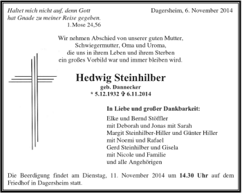 Traueranzeige von Hedwig Steinhilber von Kreiszeitung Böblinger Bote