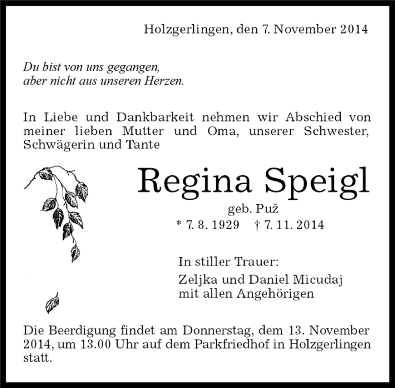  Traueranzeige für Regina Speigl vom 08.11.2014 aus Kreiszeitung Böblinger Bote