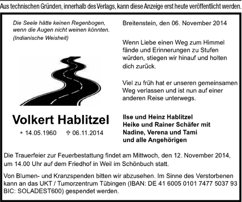  Traueranzeige für Volkert Hablitzel vom 11.11.2014 aus Kreiszeitung Böblinger Bote