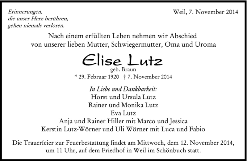  Traueranzeige für Elise Lutz vom 11.11.2014 aus Kreiszeitung Böblinger Bote