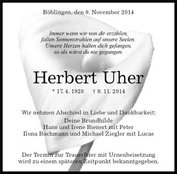 Traueranzeige von Herbert Uher von Kreiszeitung Böblinger Bote
