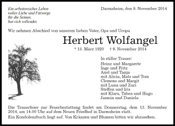 Traueranzeige von Herbert Wolfangel von Kreiszeitung Böblinger Bote