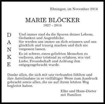 Traueranzeige von Marie Blöcker von Kreiszeitung Böblinger Bote