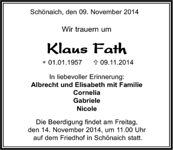 Traueranzeige von Klaus Fath von Kreiszeitung Böblinger Bote