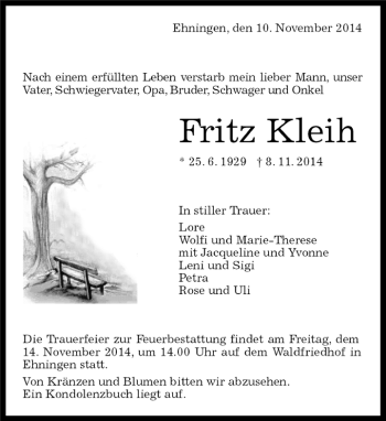 Traueranzeige von Fritz Kleih von Kreiszeitung Böblinger Bote