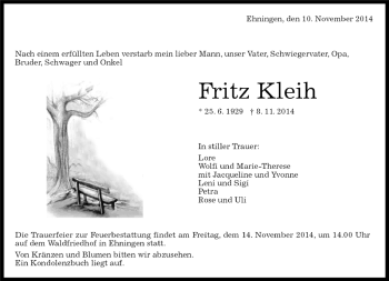 Traueranzeige von Fritz Kleih von Kreiszeitung Böblinger Bote
