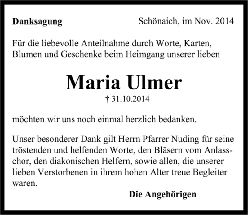  Traueranzeige für Maria Ulmer vom 13.11.2014 aus Kreiszeitung Böblinger Bote