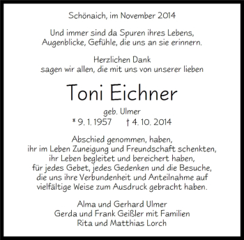 Traueranzeige von Toni Eichner von Kreiszeitung Böblinger Bote