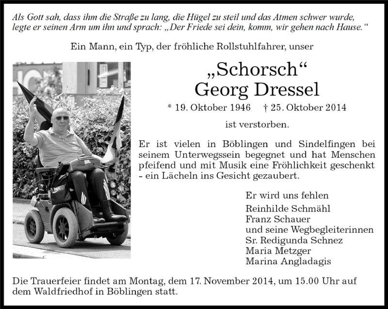  Traueranzeige für Georg Dressel vom 13.11.2014 aus Kreiszeitung Böblinger Bote