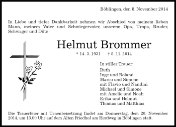 Traueranzeige von Helmut Brommer von Kreiszeitung Böblinger Bote