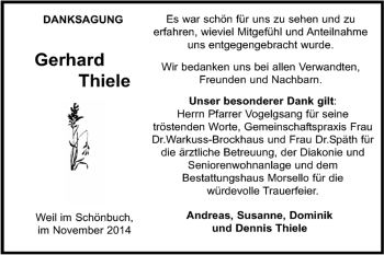 Traueranzeige von Gerhard Thiele von Kreiszeitung Böblinger Bote