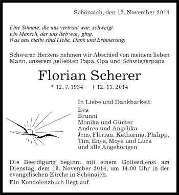 Traueranzeige von Florian Scherer von Kreiszeitung Böblinger Bote