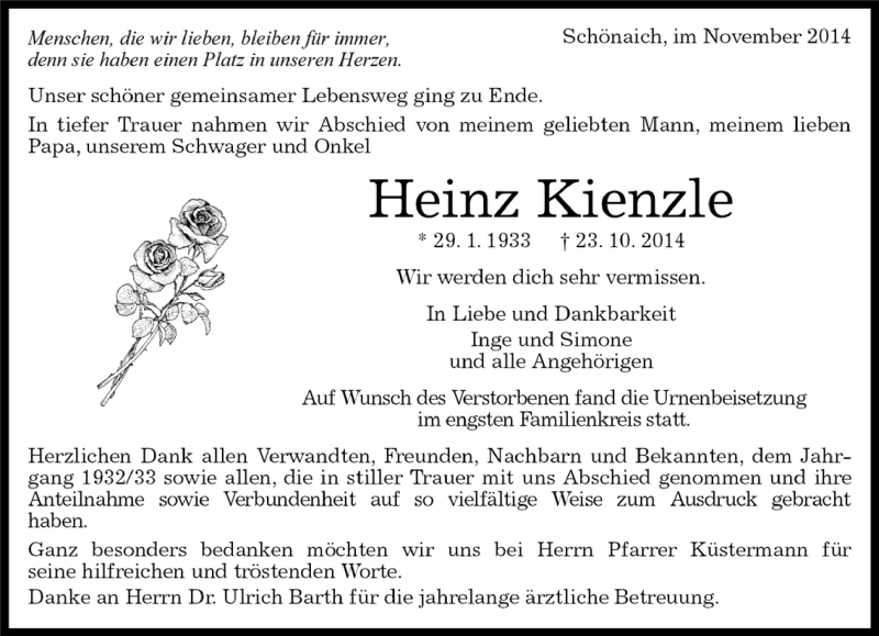  Traueranzeige für Heinz Kienzle vom 14.11.2014 aus Kreiszeitung Böblinger Bote
