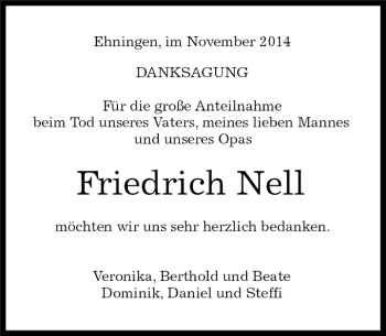 Traueranzeige von Friedrich Nell von Kreiszeitung Böblinger Bote