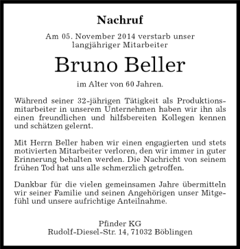 Traueranzeige von Bruno Beller von Kreiszeitung Böblinger Bote