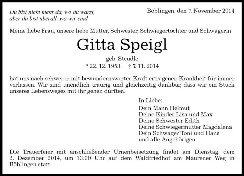 Traueranzeige für Gitta Speigl vom 15.11.2014 aus Kreiszeitung Böblinger Bote