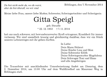 Traueranzeige von Gitta Speigl von Kreiszeitung Böblinger Bote